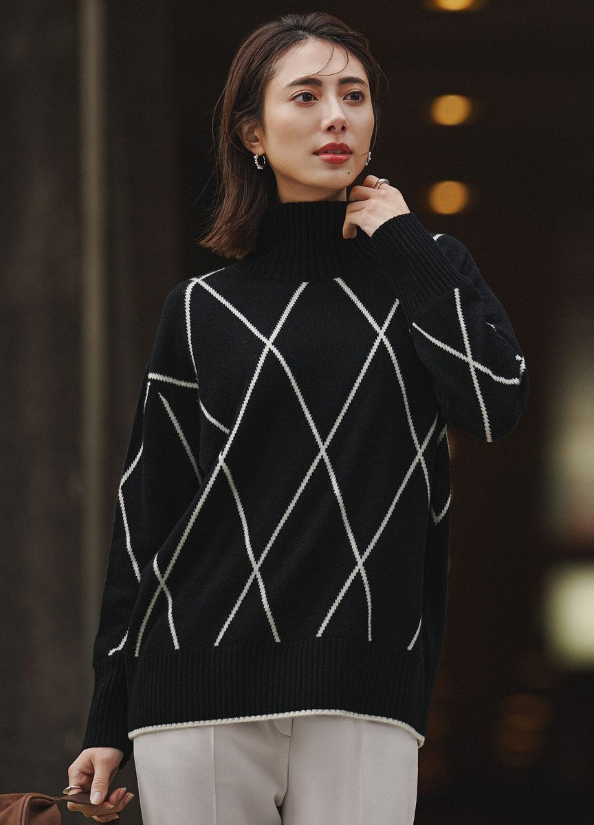 菱格紋高領設計針織衫